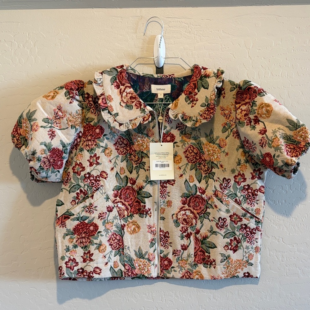 bohme Floral Quilted Cream Jacket with Red & Green Accents